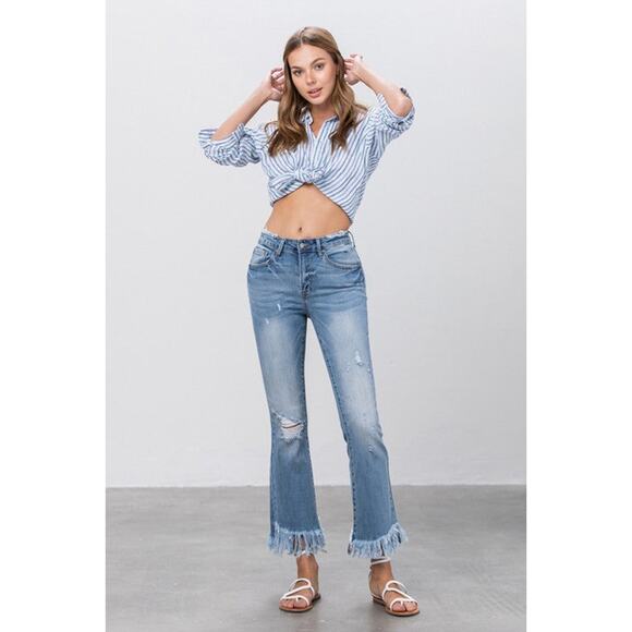 Insane Gene Mid Rise Long Bottom Frayed Crop Flare Jeans - INI90R - Size 7/27 - Picture 11 of 13